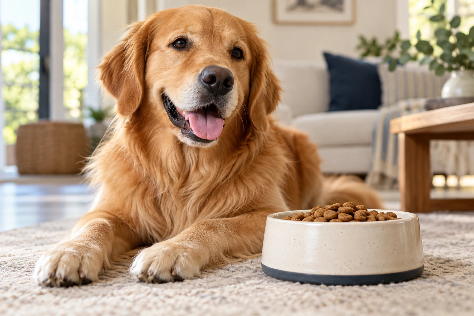 Illustrative dog with a bowl of dry pet food